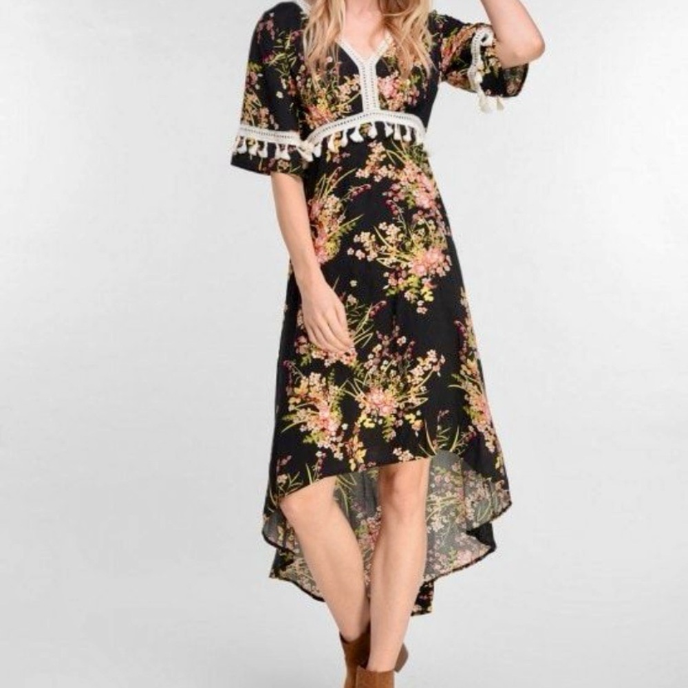 Bohemian Boho Maxi Dress Black Dark Floral Women Sz XS Hi Low Festival Crochet‎
